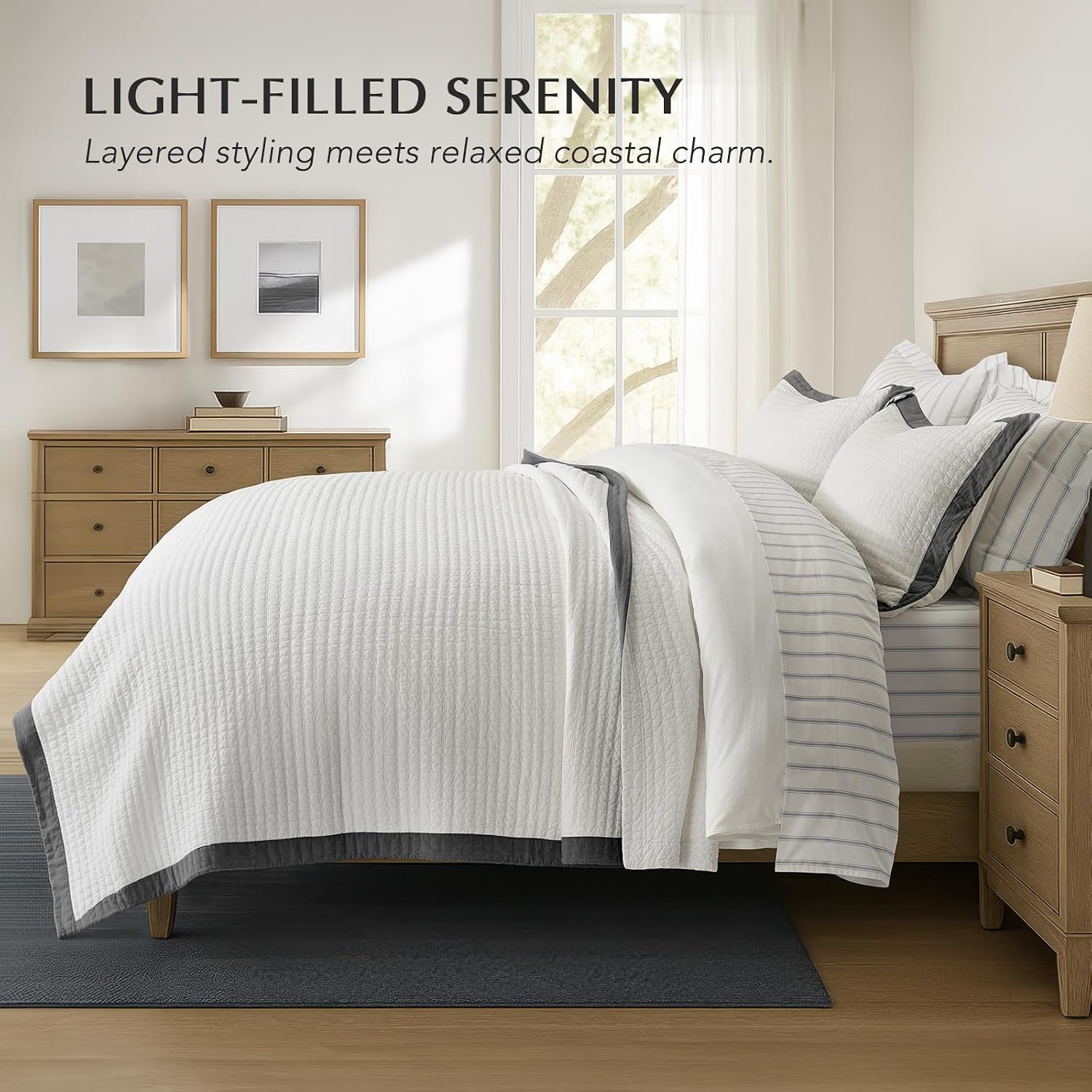EVERGRACE Cotton Border Frame Tack-Stitch Quilt Bedding Set Queen Size, Coastal Oversized 3 Pieces Lightweight Bedspread Coverlet for All Season, with 2 Matching Shams, Washed Black