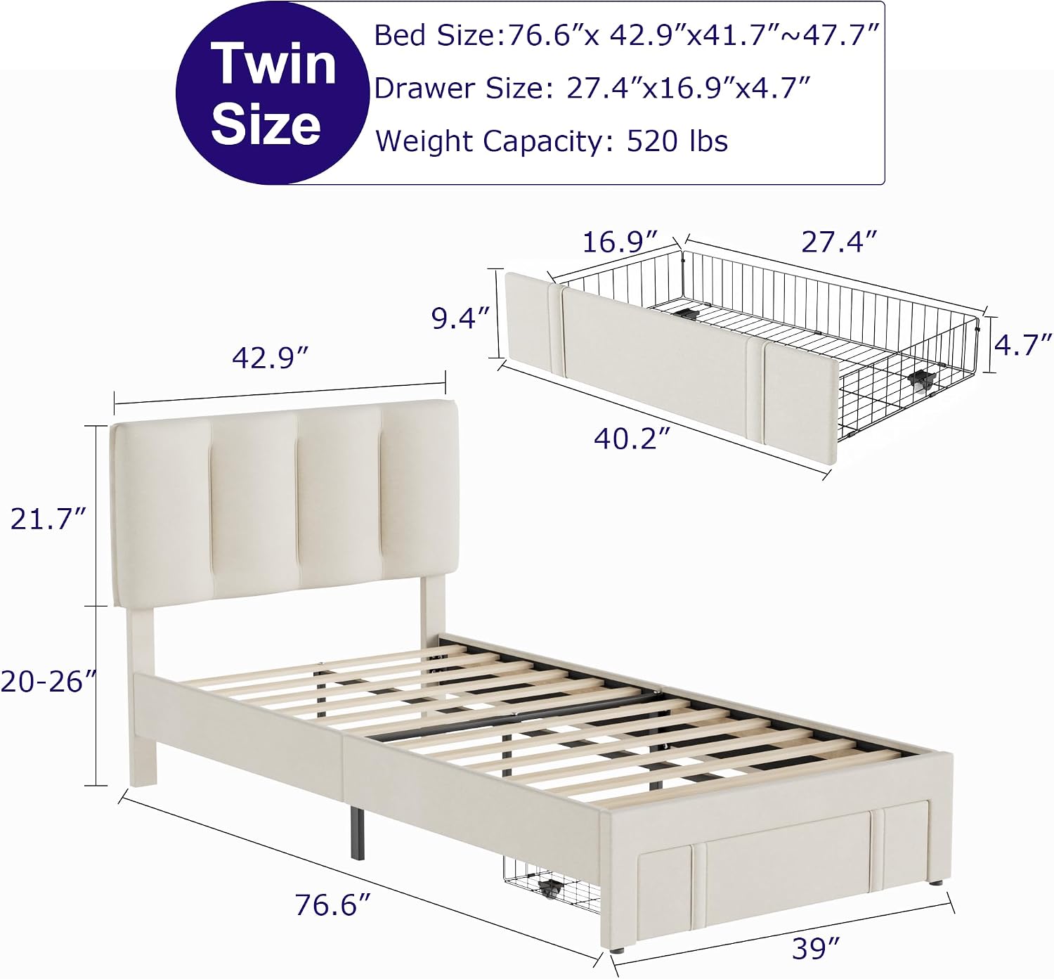 VECELO Twin Bed Frame with Storage Drawer, Heavy-Duty Platform Bedframe with Headboard & Strong Wooden Slats Support, No Boxing Spring Needed, Pala Beige