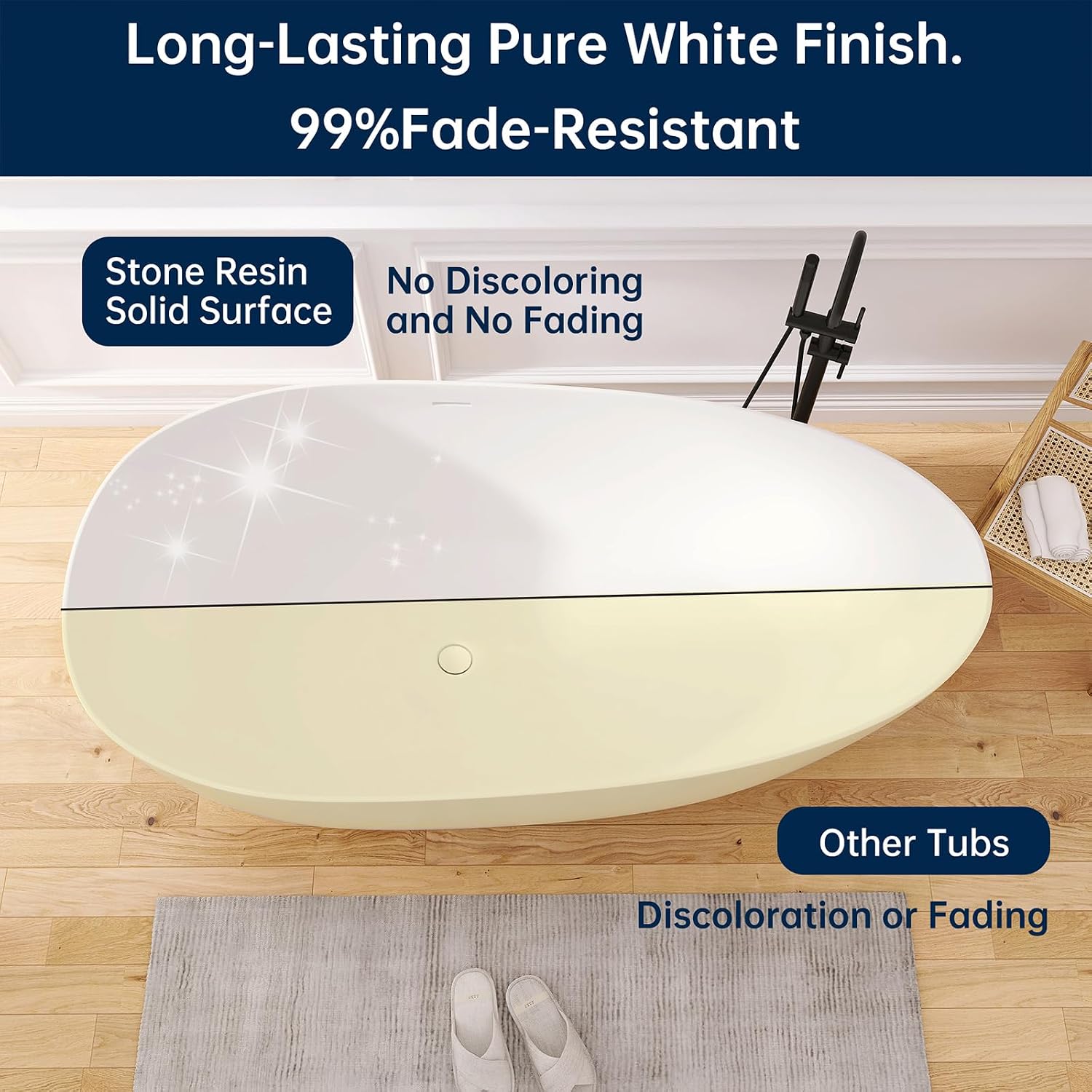 67' Stone Resin Freestanding Bathtub, Oval Solid Surface Bathroom Freestanding Tub, Thin Edge Stand Alone Tub with Integrated Slotted Overflow and Pop-up Drain, Matte White 302-170