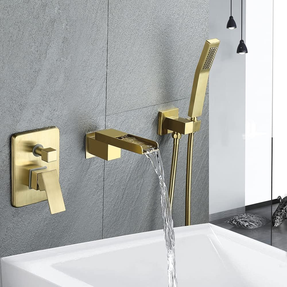 Bathtub Faucet with Shower Set, Bathtub Mixer Tap with Brass Hand Shower Bath Faucet, with 1.5m Shower Hose, Bathroom Shower with Hand Shower Swivel Waterfall Spout, Bathroom Taps Set,Brushed Gold