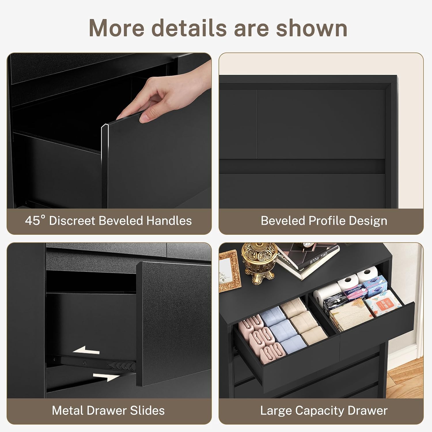 TEENFON 51.6' Tall Dresser for Bedroom with 7 Drawers, Black Dresser with Metal Slide, Bedroom Dressers, Wood Dressers & Chests of Drawers for Bedroom, Hallway, Black