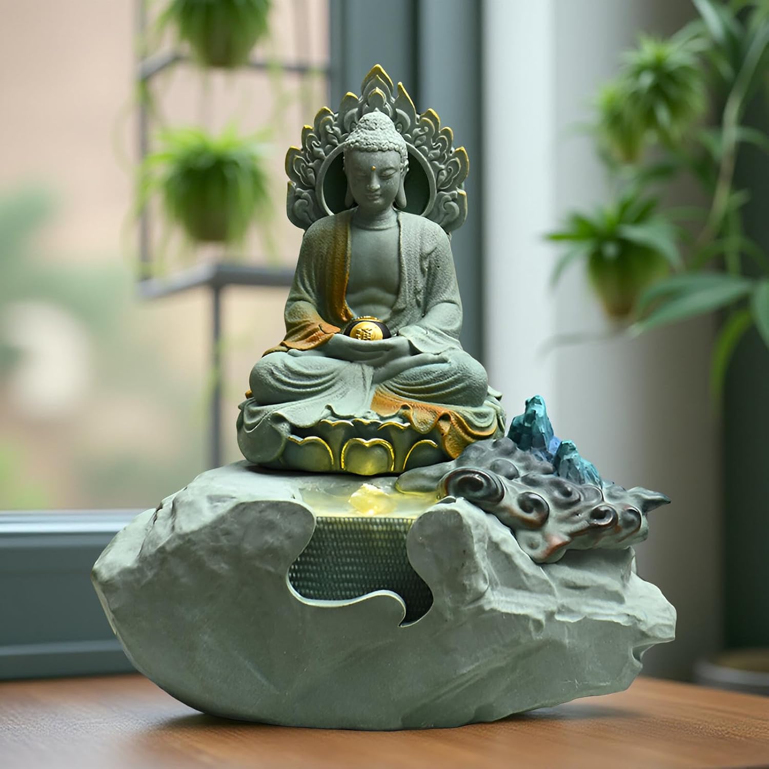 Zen Buddha Tabletop Fountain with LED Lights & Crystal Accents – Indoor Meditation Waterfall Feature with Cascading Water for Home, Office, Living Room or Bedroom – Free 10 Free Crystals (Style 6)