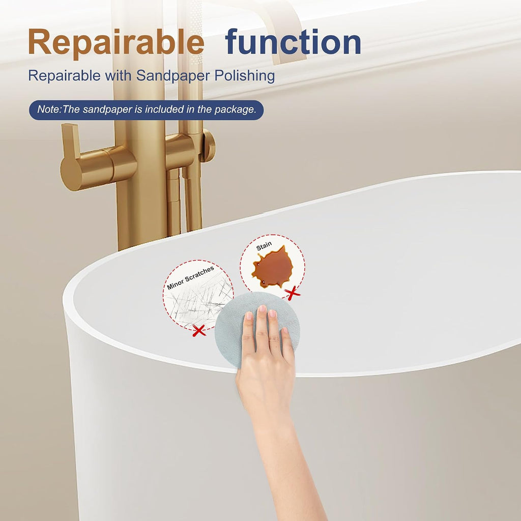 SJ Star&Jane Solid Surface Japanese Soaking Tub, 39' Small Freestanding Bathtub, Stone Resin Deep Soak Stand Alone Tub for Small Bathroom, Matte White Compact Modern Bath Tub