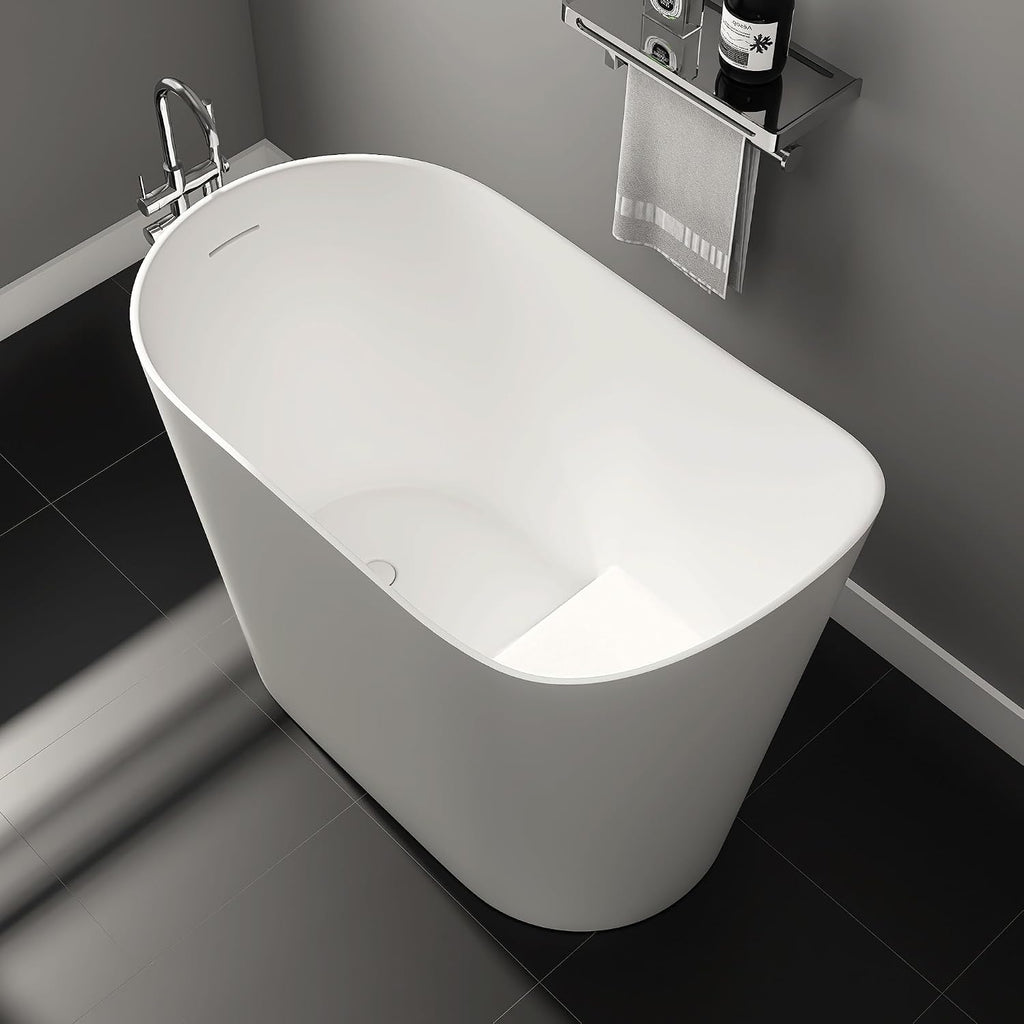 43' Stone Resin Janpanese Soaking Tub, Freestanding Deep Soaking Bathtub with Seat Desgin,Toe-tap Chrome Right Drain, Slotted Overflow, cUPC Certified, Matte White AMG026-1100