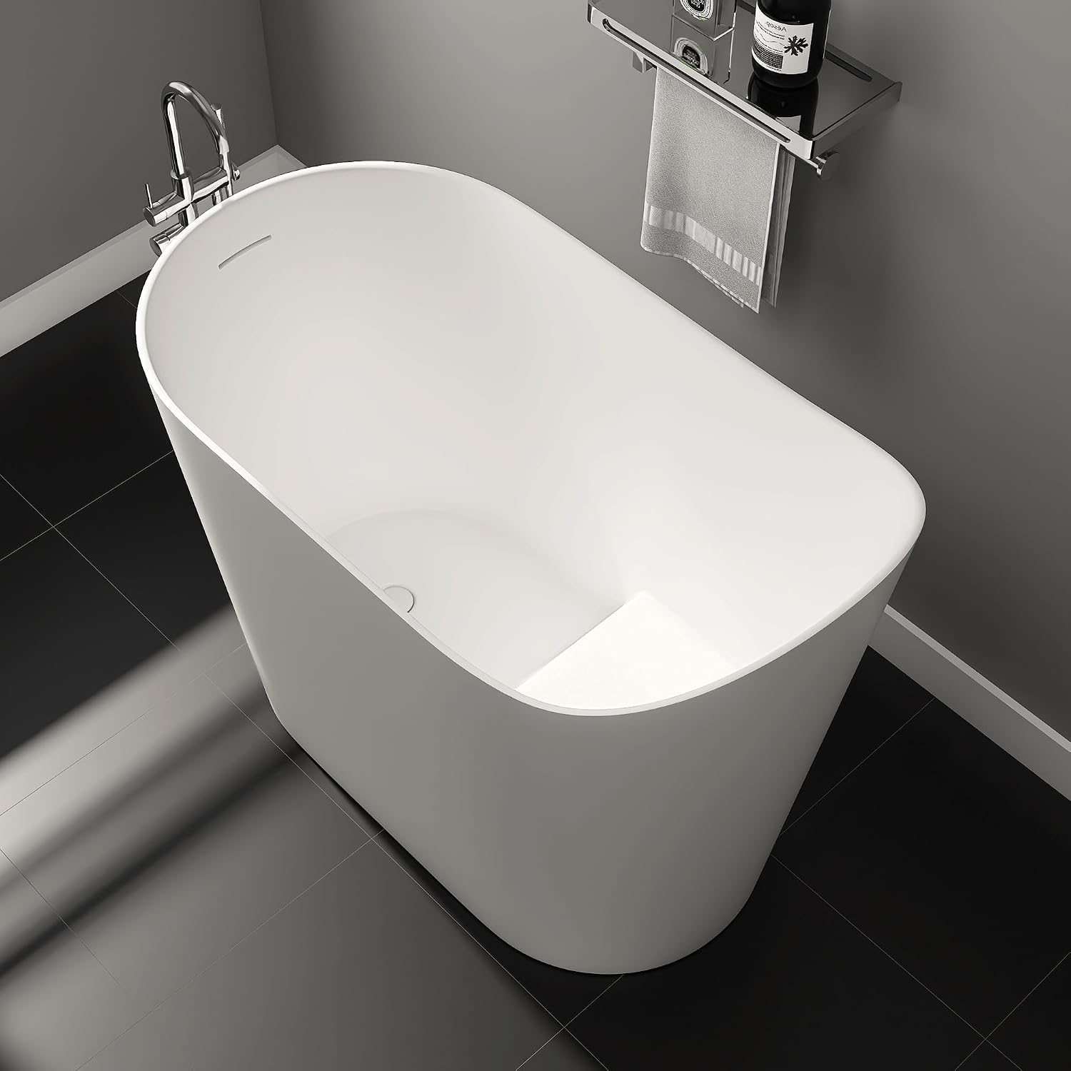 43' Stone Resin Janpanese Soaking Tub, Freestanding Deep Soaking Bathtub with Seat Desgin,Toe-tap Chrome Right Drain, Slotted Overflow, cUPC Certified, Matte White AMG026-1100