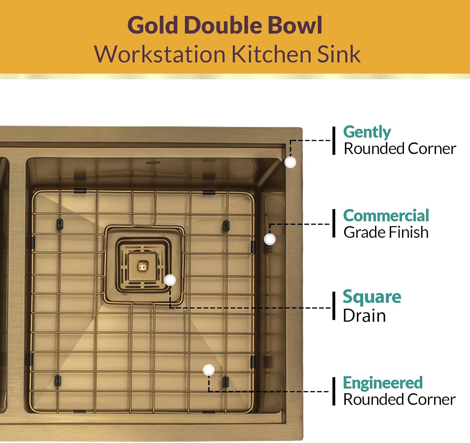 Strictly Sinks 32' Gold Undermount Workstation Kitchen Sink– Scratch and Stain Resistant –16 Gauge Double Bowl Bottom Grid, Wooden Cutting Board, Colander 1 Disposal Adapter & 2 Strainer Drains