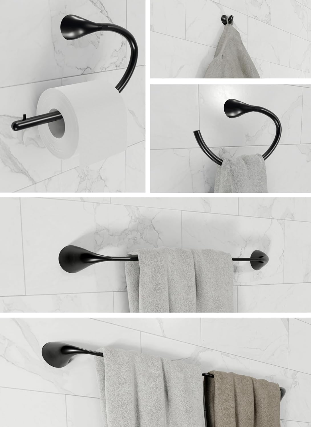 Hollywood Bathroom Accessory Complete Set (Black), Robe Hook, Toilet Paper Holder, Towel Ring, Towel Bar (18 and 24 Inch) Wall Mount Hanger for Kitchen Accessories