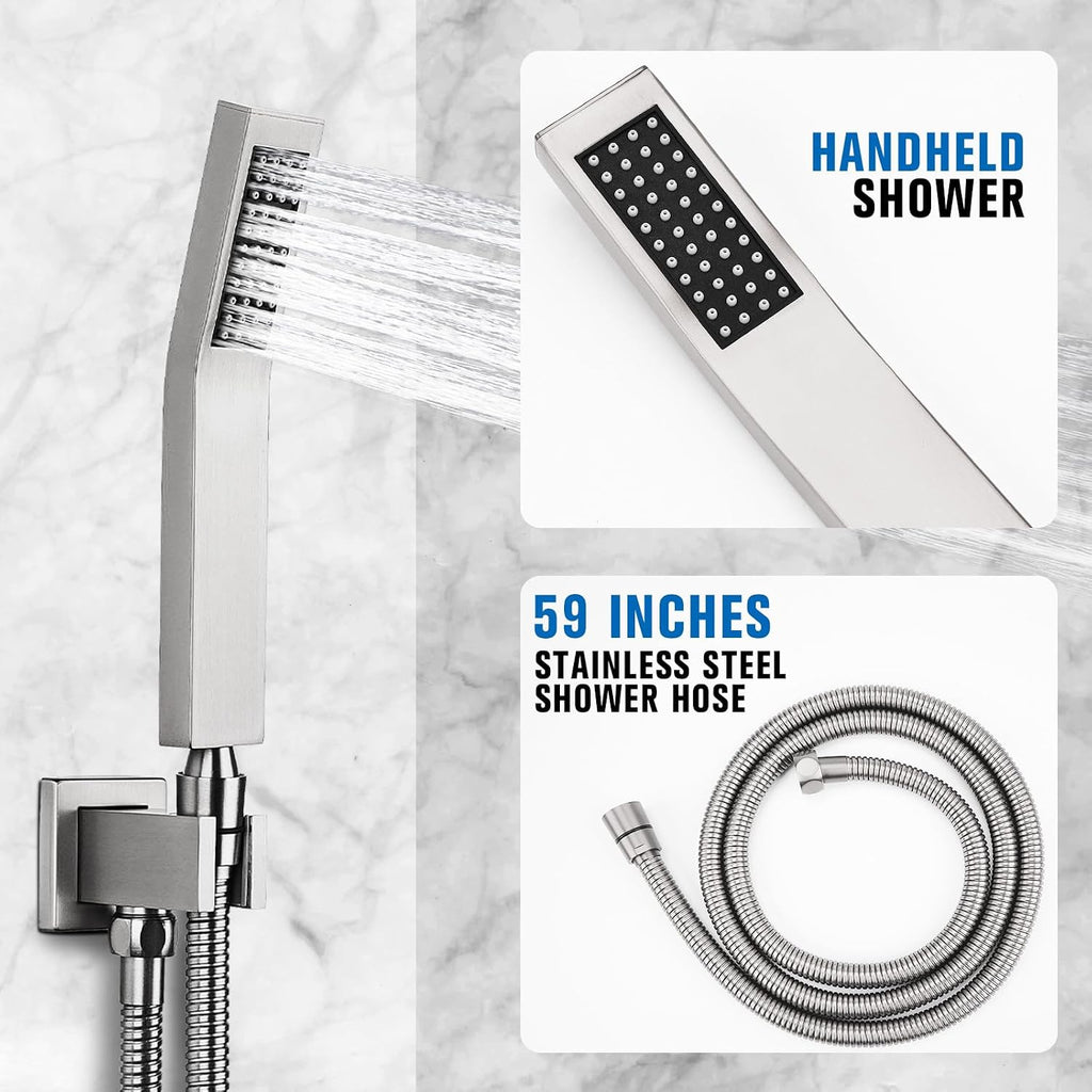 10 Inch Rainfall Shower System - Wall Mounted Complete Combo with Solid Brass Pressure Balancing Valve, High Pressure Shower Head, Handle Set & Installation Accessories Nickel