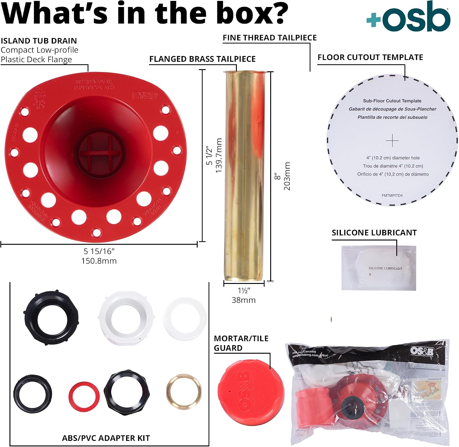 OS&B ITD365 - ABS + PVC, Island Tub Drain Rough-in for Freestanding Bathtub, Simplifies Installation, Water, Air, and Smoke Testable Tub Drain, Designed for 8'/10' Joist Space, Plumbing Supplies.