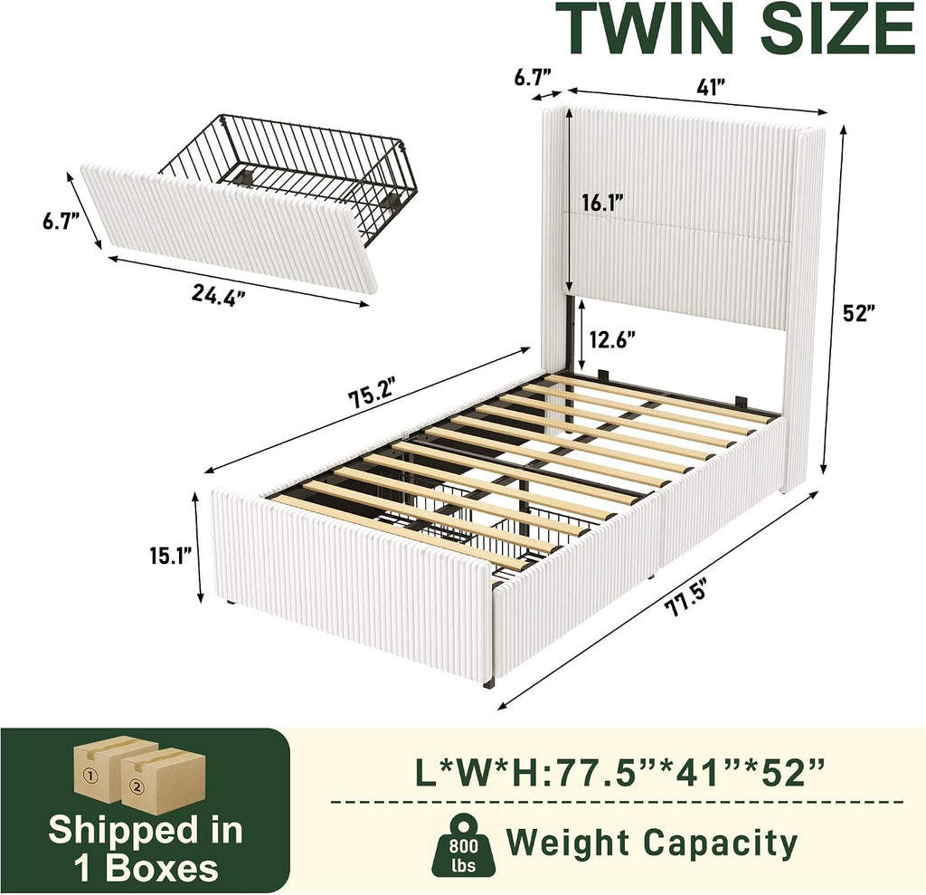 Hlivelood Twin Size Bed Frame with 52' Tall Corduroy Wingback Headboard, Upholstered Platform Bed with 2 Storage Drawers & LED Lights, Vertical Stripes, No Box Spring Needed, Noise-Free, Cream
