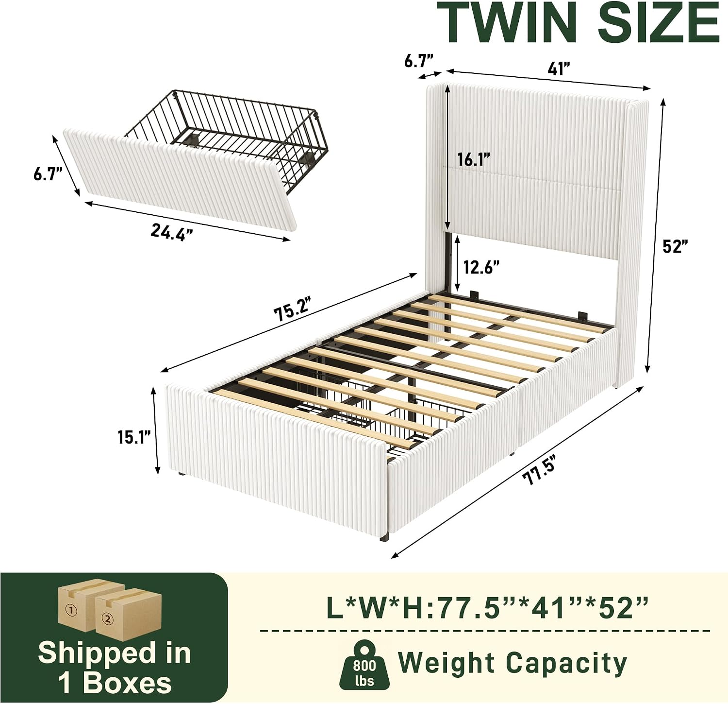 Hlivelood Twin Size Bed Frame with 52' Tall Corduroy Wingback Headboard, Upholstered Platform Bed with 2 Storage Drawers & LED Lights, Vertical Stripes, No Box Spring Needed, Noise-Free, Cream