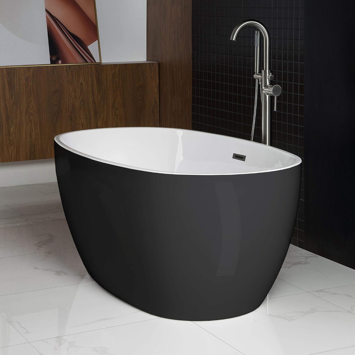 WOODBRIDGE 59' Acrylic Freestanding Bathtub Contemporary Soaking Tub, Black Acrylic (Matte Black Drain/Overflow), B1818 Black -MB-Drain &O