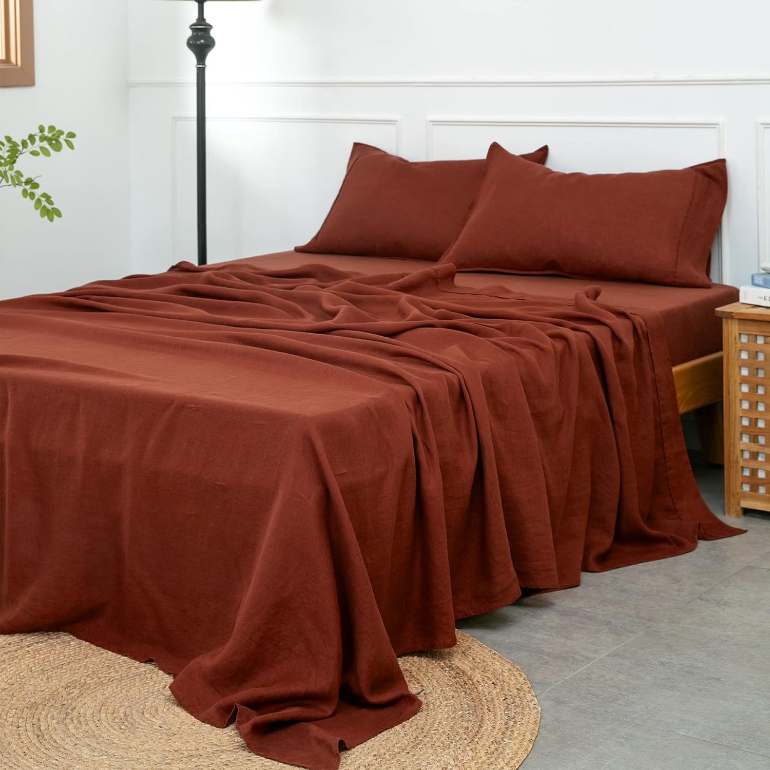 S VICTORY SYMBOL 100% Organic Linen Sheets Set Full Size-4 Pieces European Flax Linen Bed Sheets(1 Flat Sheet,1 Fitted Sheet,2 Pillowcases) GOTS Certified,Breathable Soft Durable-Burgundy