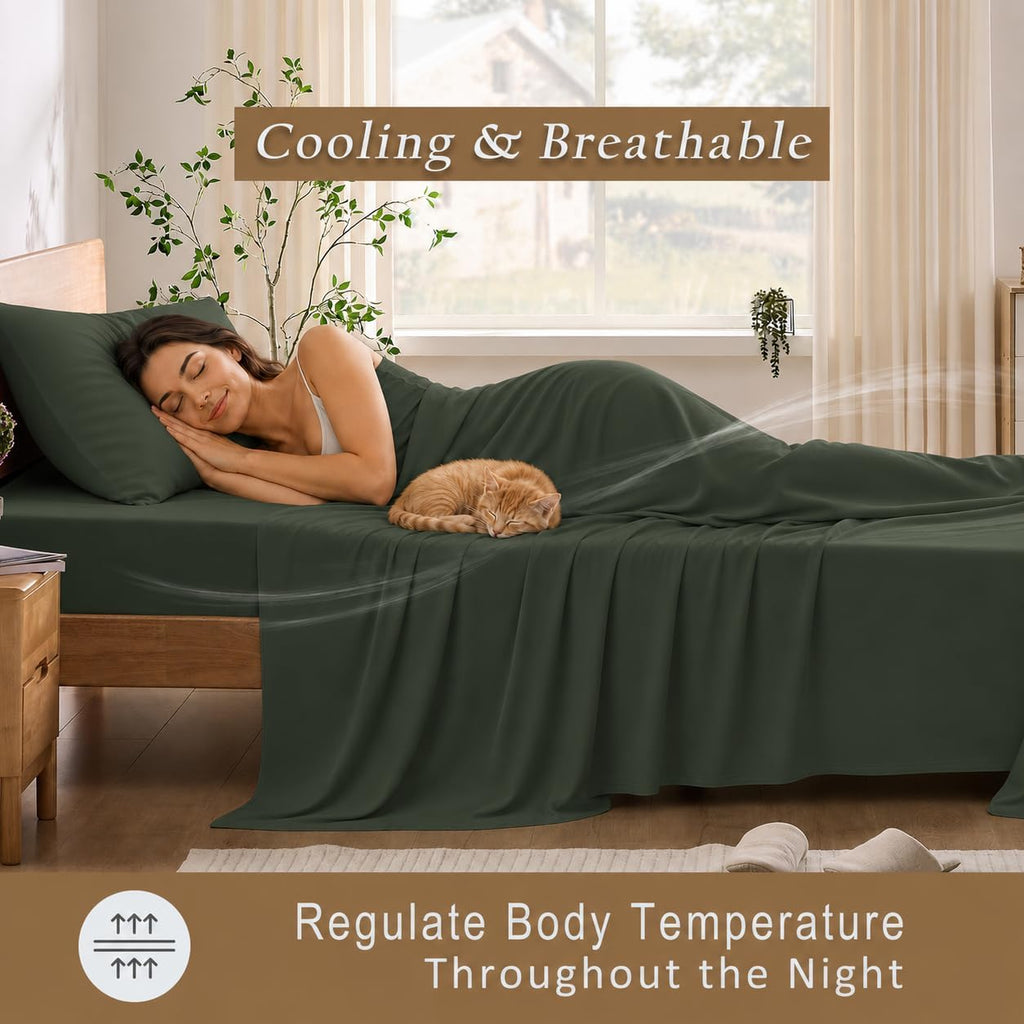 TOSMO Luxury Cooling Sheet Set | 100% Viscose from Organically Grown Bamboo | FSC® Certified | Queen Size | 18' Deep Pockets | Silky Soft Natural Bedding for Hot Sleeper [Olive]