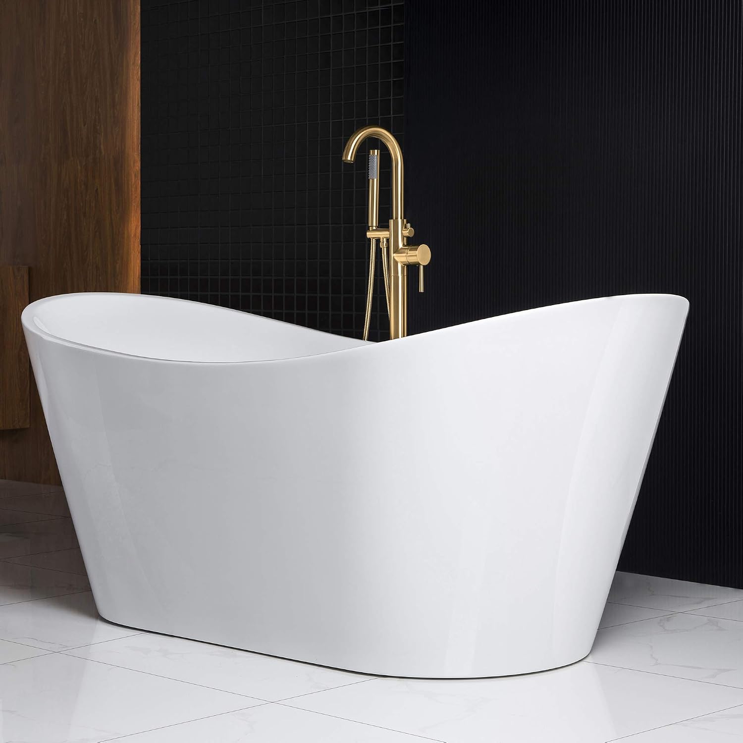 WOODBRIDGE 71'Freestanding White Acylic Soaking Bathtub with Brushed Gold Drain and Overflow,BTA1517 -BG-Drain &O