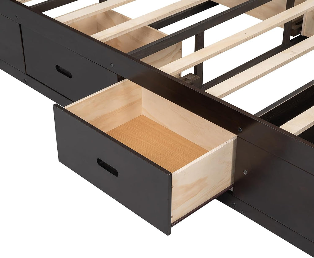 Modern Queen Size Platform Bed with Upholstered Storage Headboard, Wood Platform Bed Frame with Shoe Rack and 4 Drawers, Sturdy Slat Support, Maximize Space (Espresso-21)