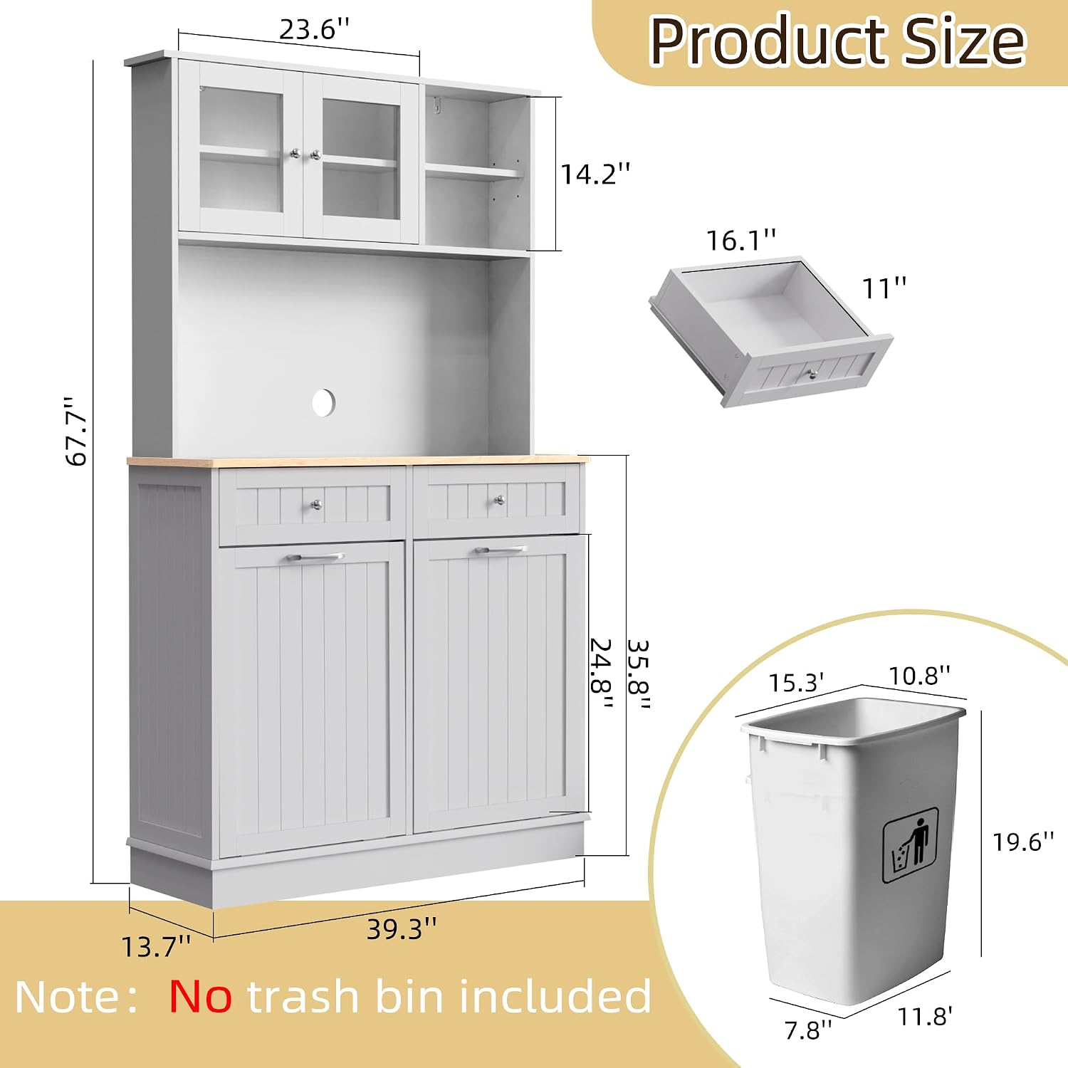 Double Tilt Out Trash Cabinet Storage Cabinet 20 Gallon with Two Solid Wood Hideaway Trash Holder Drawers, Dual Wooden Free Standing Recycling Cabinets Trash Can Bin Kitchen (White)