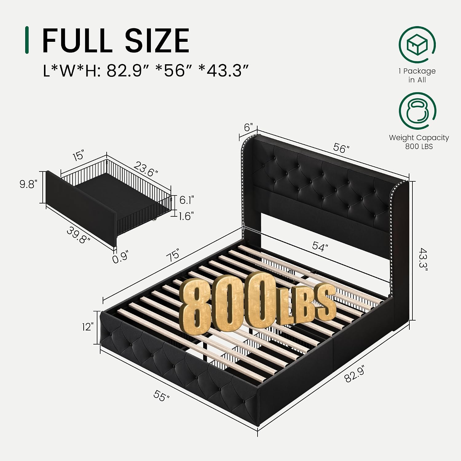 LARMACE Full Size Bed Frame with 4 Storage Drawers and Wingback Headboard Velvet Upholstered Platform Bed Frame Tufted Beds with Wooden Slats Support, Easy Assembly, Black