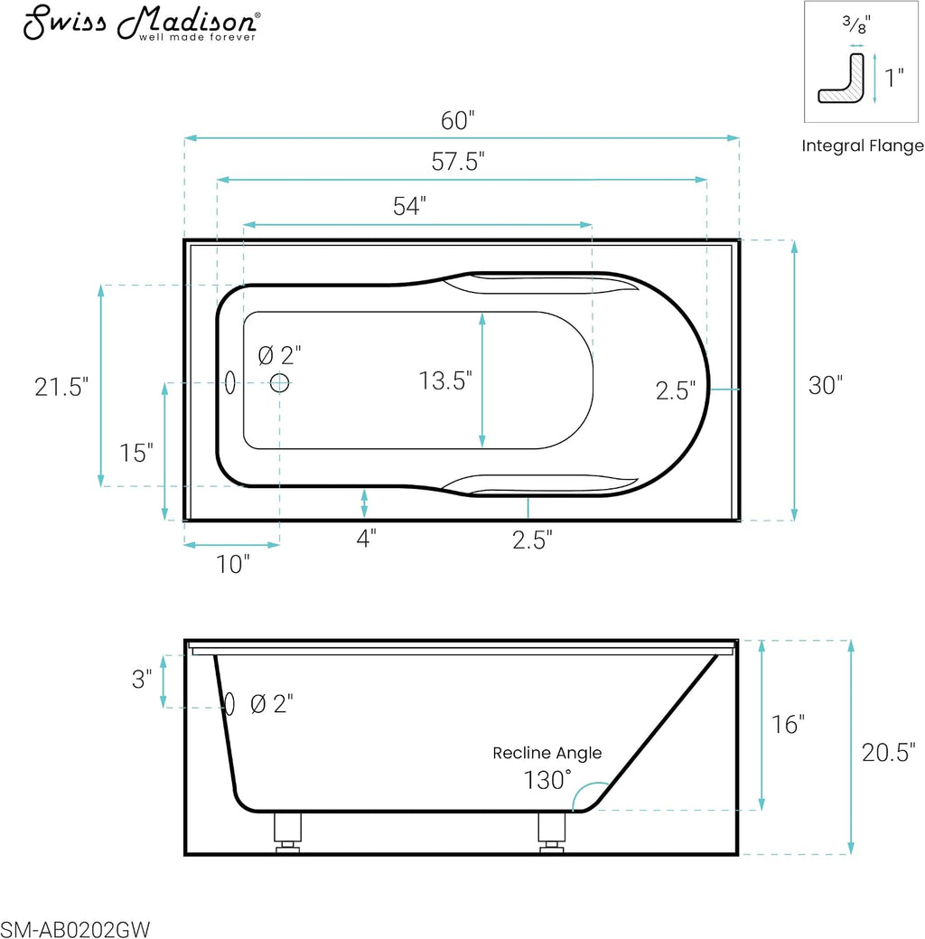 Concorde 60' x 30' Left-Hand Drain Alcove Bathtub with Apron and Armrest