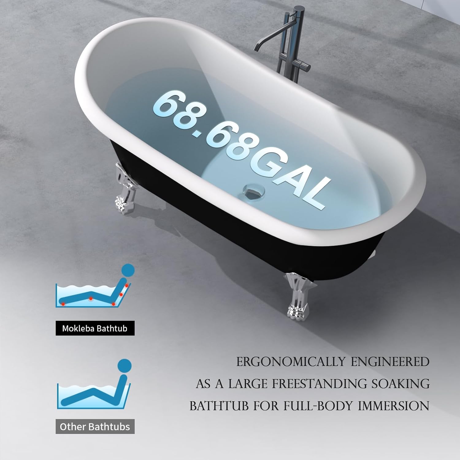 67' Acrylic Freestanding Bathtub, Free Standing Clawfoot Tub, Soaking Tub with Integrated Slotted Overflow, Toe-Tap Chrome Drain, cUPC Certified, Matte Black