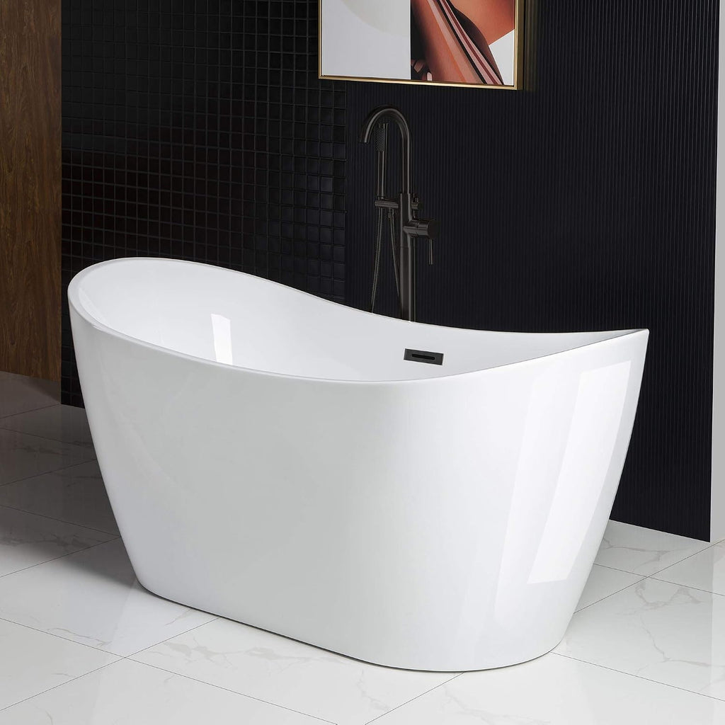 WOODBRIDGE 59' Acrylic Freestanding Bathtub Contemporary Soaking White Tub with Matte Black Overflow and Drain，B0016 -MB-Drain &O