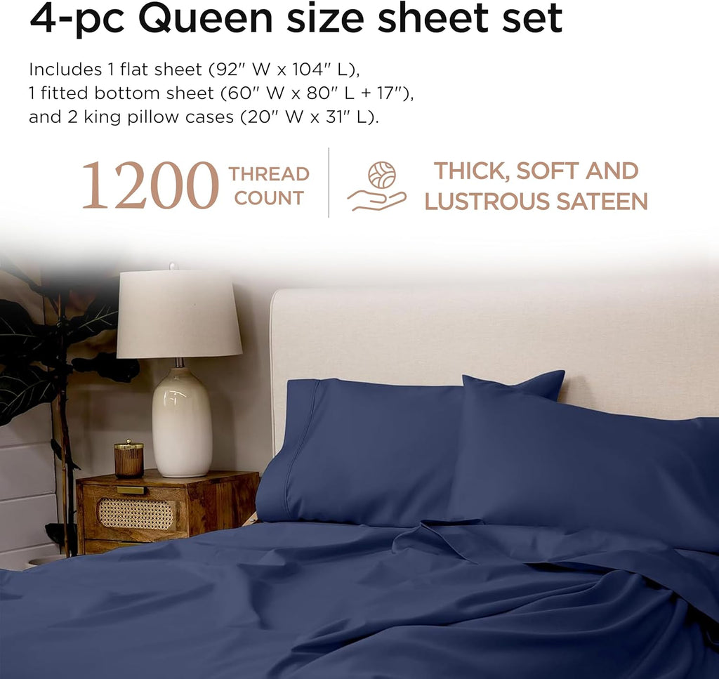 Threadmill Supima Cotton Sheets Queen, 1200 Thread Count Queen Sheet for Queen Mattresses, 4 Piece Luxury Bed Sheets, Sateen Weave Hotel Quality Sheets with Elasticized Deep Pocket, Folkstone Blue
