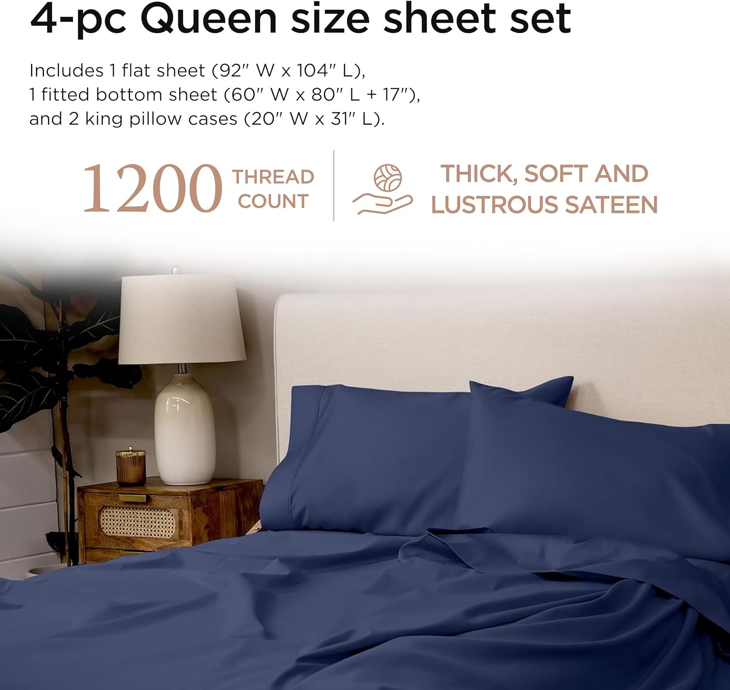Threadmill Supima Cotton Sheets Queen, 1200 Thread Count Queen Sheet for Queen Mattresses, 4 Piece Luxury Bed Sheets, Sateen Weave Hotel Quality Sheets with Elasticized Deep Pocket, Folkstone Blue