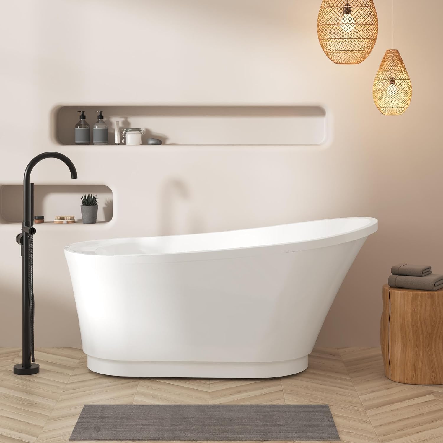 FerdY Langkawi 59' Acrylic Freestanding Bathtub, White Modern Stand Alone Soaking Bathtub, cUPC Certified, Brushed Nickel Drain and Minimalist Linear Design Overflow Included