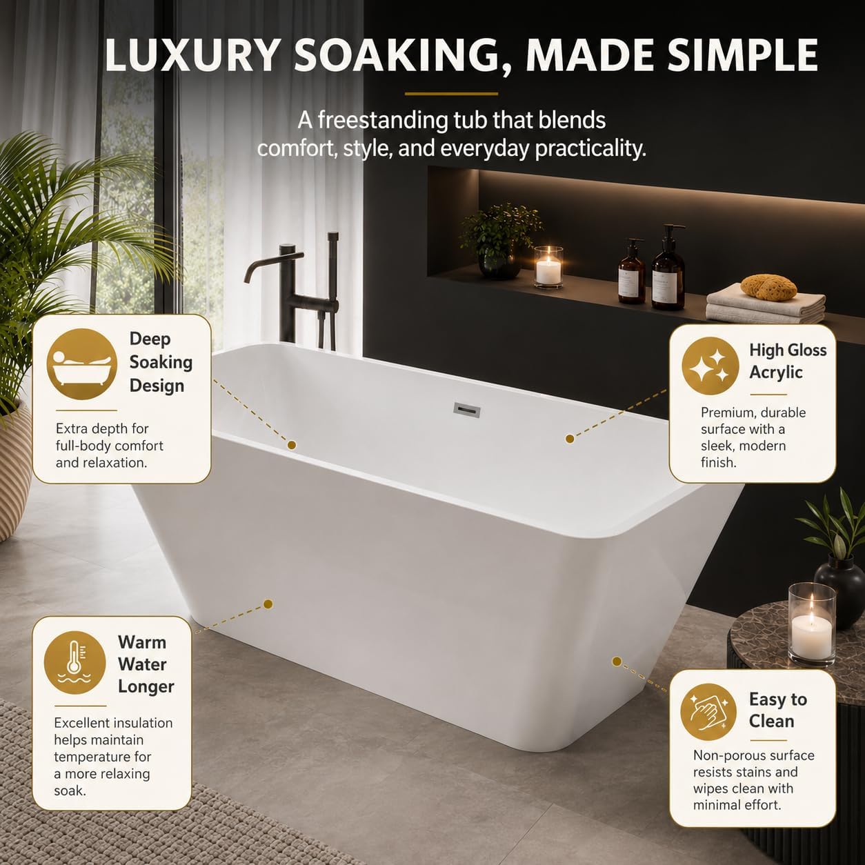 66' Freestanding Acrylic Soaking Tub,Large Freestanding Bathtub with Non-Slip Surface, Overflow and Drain Included, Freestanding Bathtub with Chrome Drain, Deep Stand-Alone Tub for Relaxing Home Spa