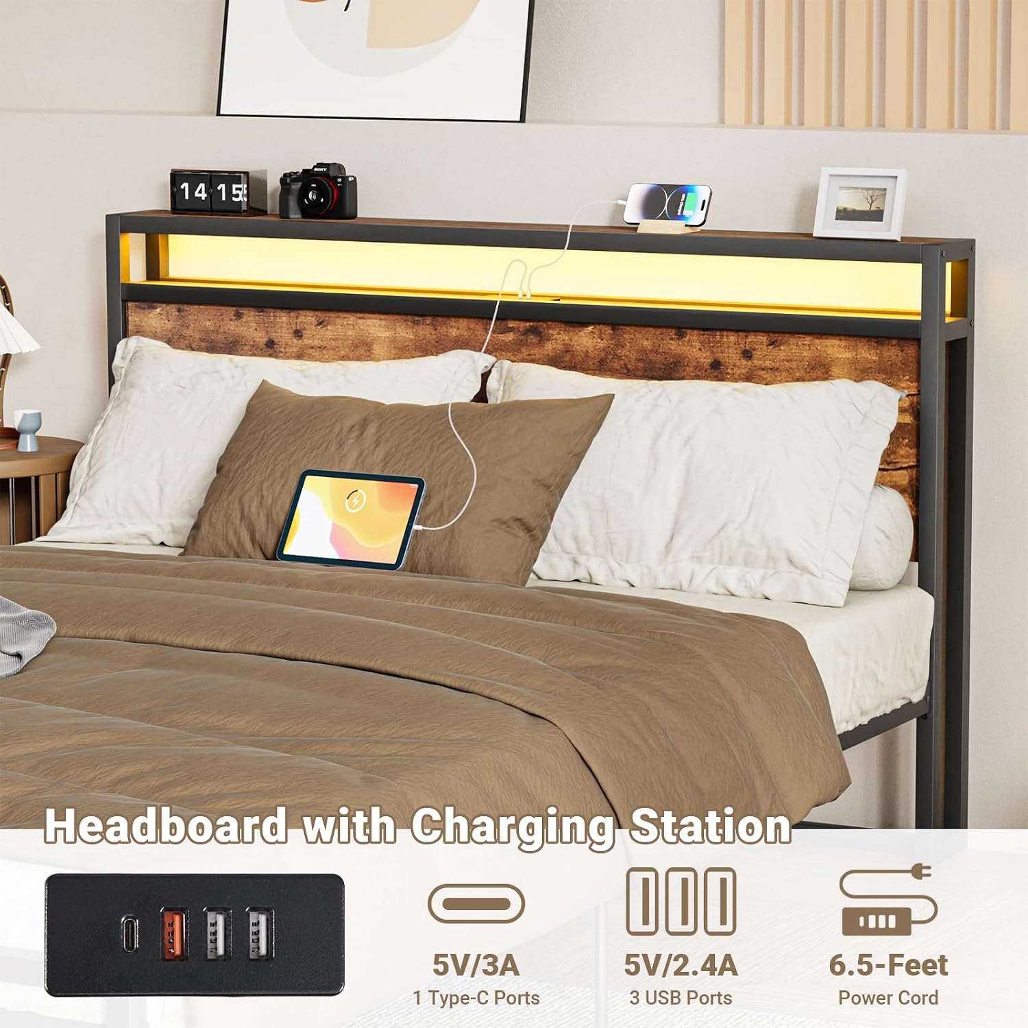Zevemomo Full Bed Frame w/Storage Drawers and Headboard, Wooden Full Size Bed Frame w/Adjustable RGB LED Lights & Charging Station, Built-in USB Ports for Charging, Brown Full Metal Platform Bed
