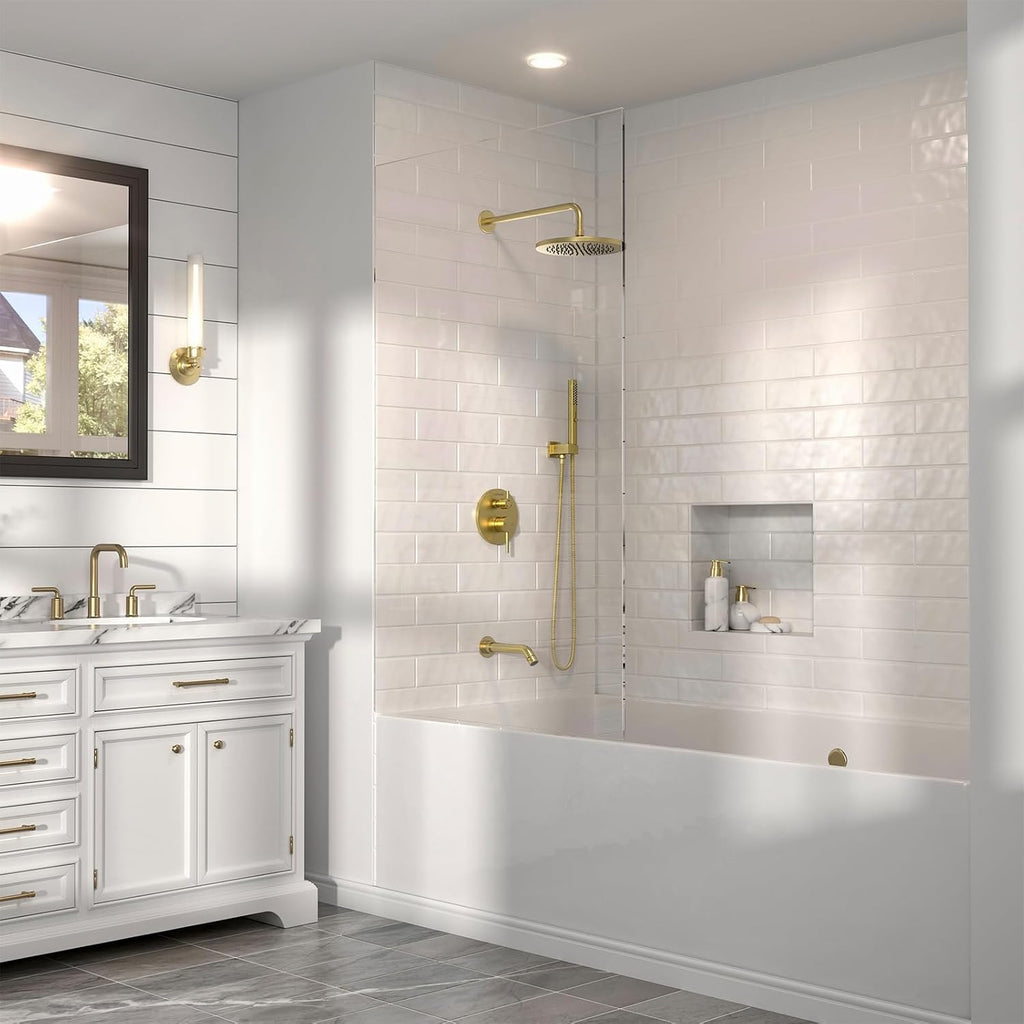 Lava Odoro Modern 3-Setting Round Rain Bathtub and Shower Faucet Set, Gold Rainfall Shower Head and Handle Set, Rain Shower System with Tub Spout, Shower Valve Trim Kit, Brushed Gold, SF104-SG-T