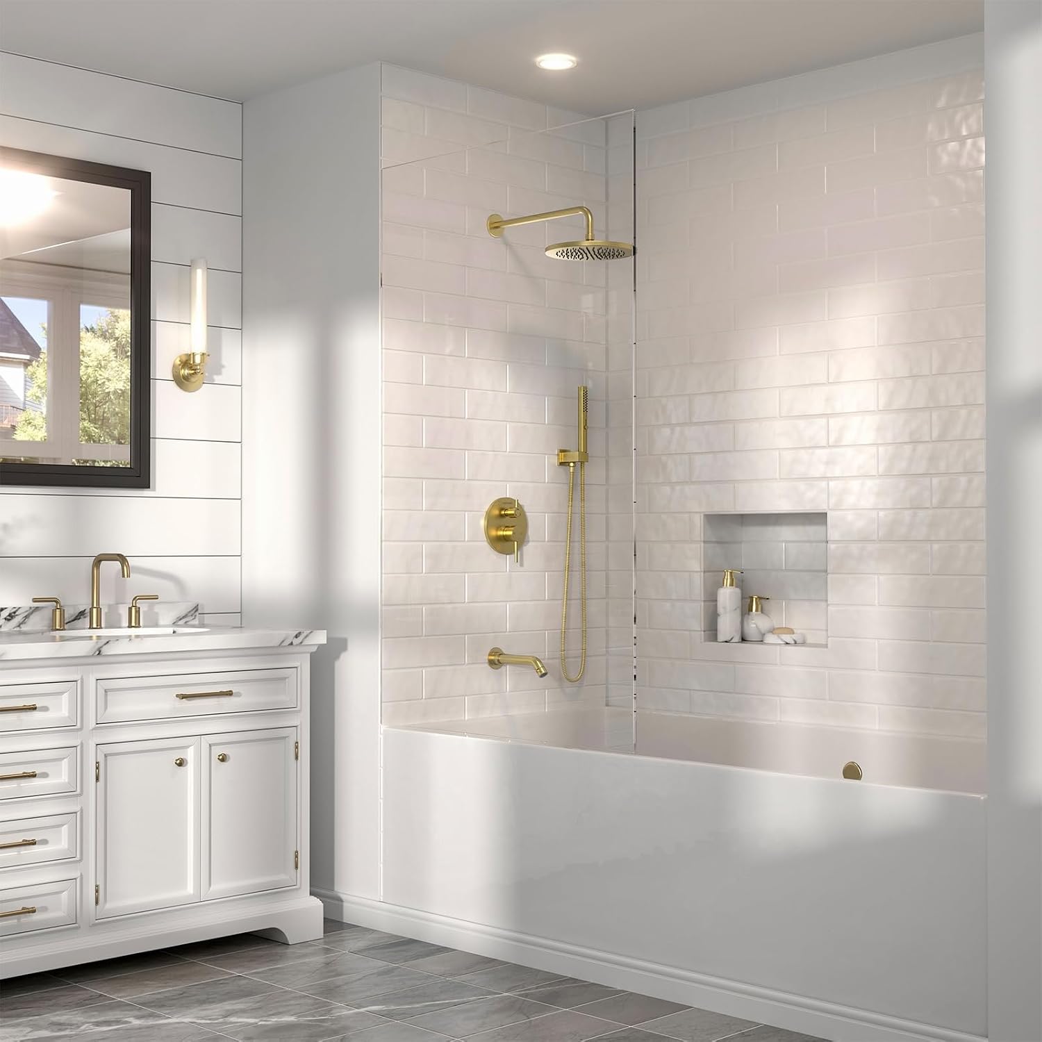 Lava Odoro Modern 3-Setting Round Rain Bathtub and Shower Faucet Set, Gold Rainfall Shower Head and Handle Set, Rain Shower System with Tub Spout, Shower Valve Trim Kit, Brushed Gold, SF104-SG-T