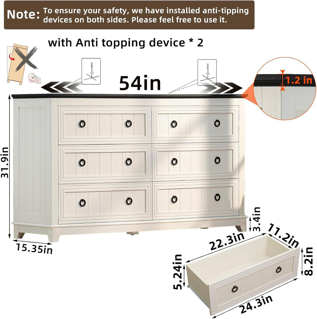 Joaxswe Farmhouse Furniture Set, Nightstands with Charging Station and 6 Drawers Dresser for Bedroom, 54 Inch Wide Wood Dresser and 18' Night Stands for Bedroom, Living Room, Hallway