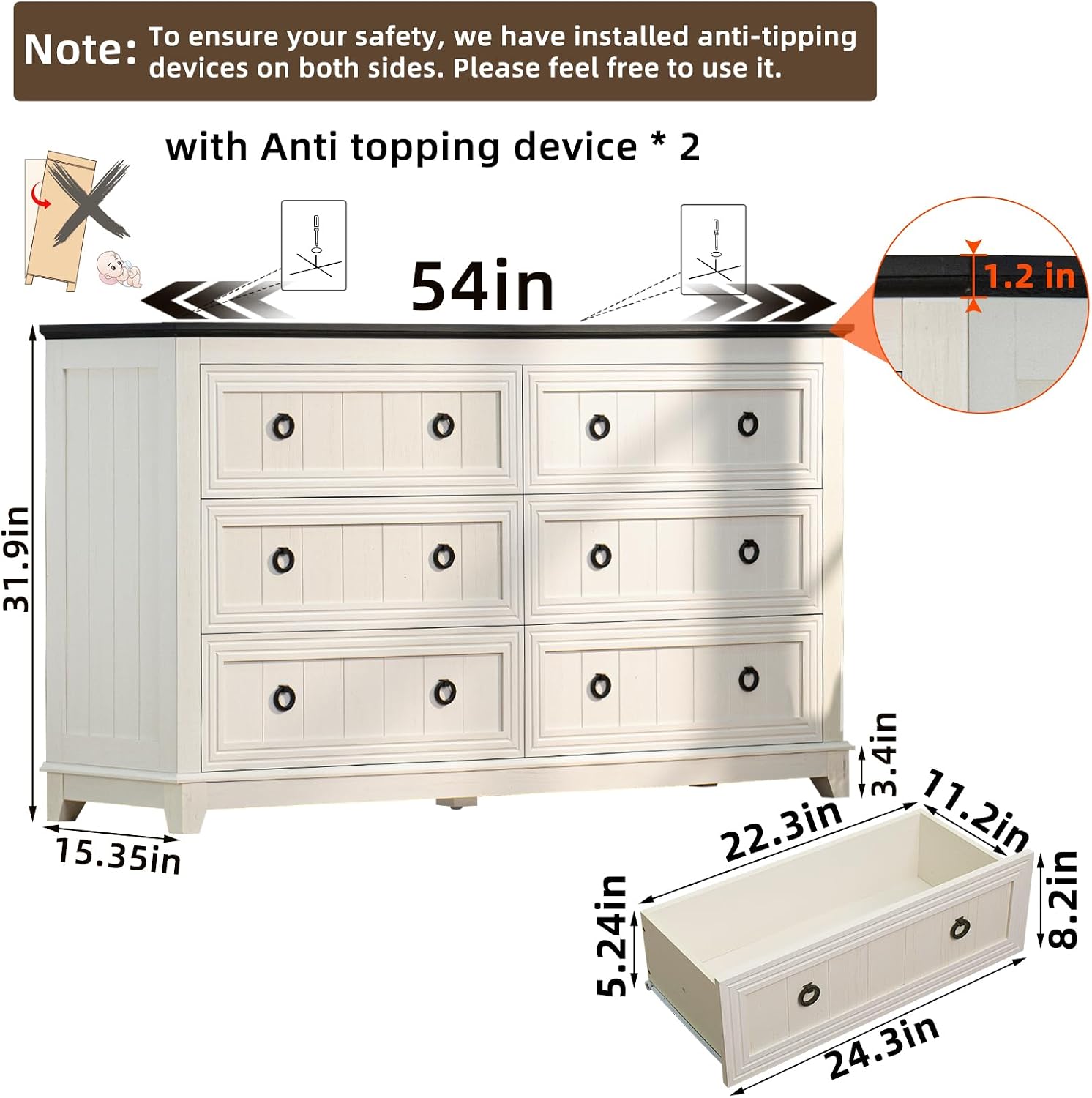 Joaxswe Farmhouse Furniture Set, Nightstands Set of 2 and 6 Drawers Dresser for Bedroom, 54 Inch Wide Wood Dresser and 18' Night Stands with Charging Station for Bedroom, Living Room, Hallway