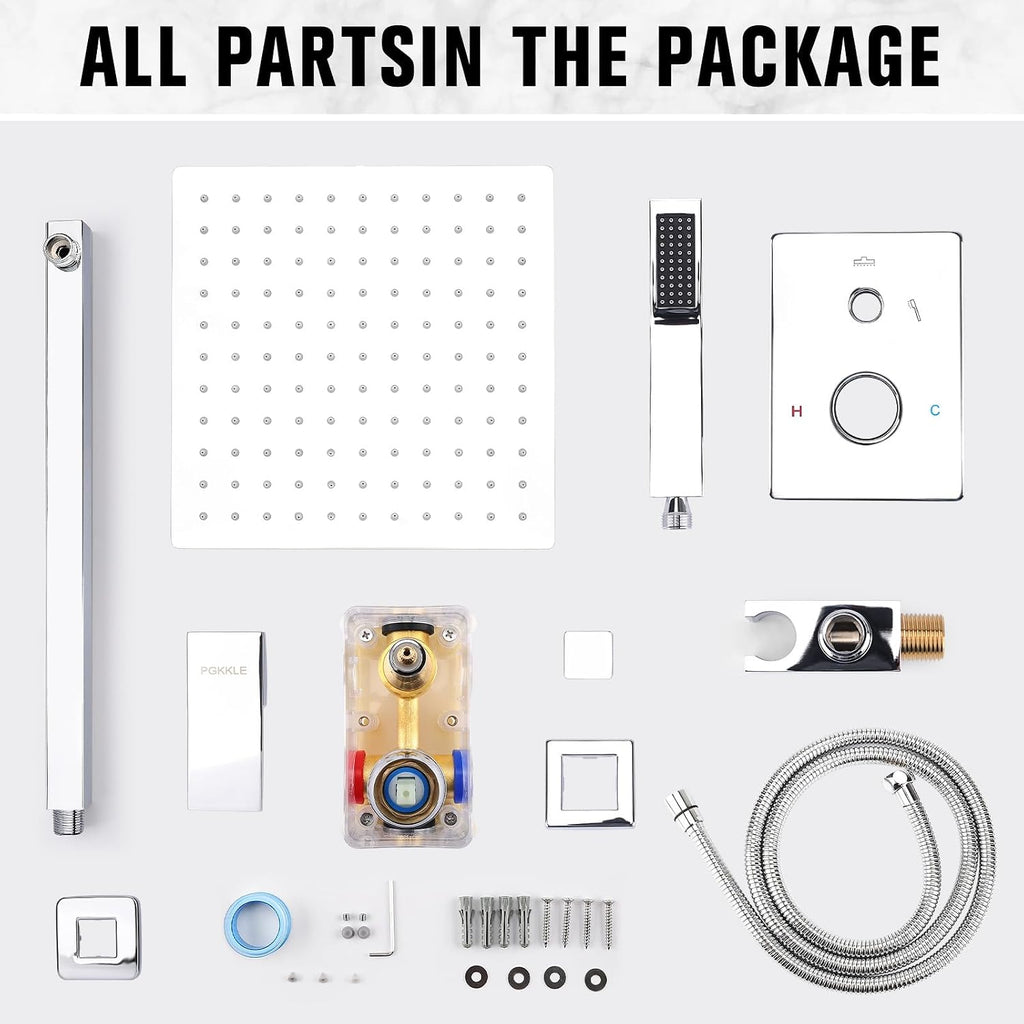 12 Inch Rainfall Shower System - Wall Mounted Complete Combo with Solid Brass Pressure Balancing Valve, High Pressure Shower Head, Handle Set & Installation Accessories Chrome