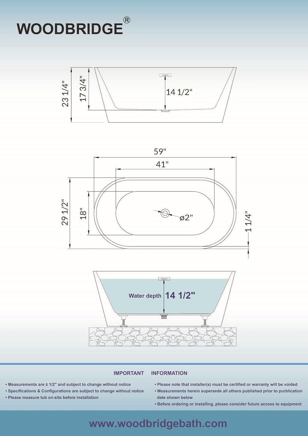 WOODBRIDGE 59' Freestanding White Acylic Soaking Bathtub with Brushed Gold Drain and Overflow, BTA1514-BG