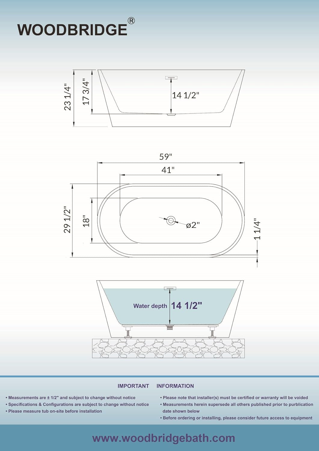 WOODBRIDGE 59' Freestanding White Acrylic Soaking Bathtub with Matte Black Drain and Overflow,BTA1514-MB