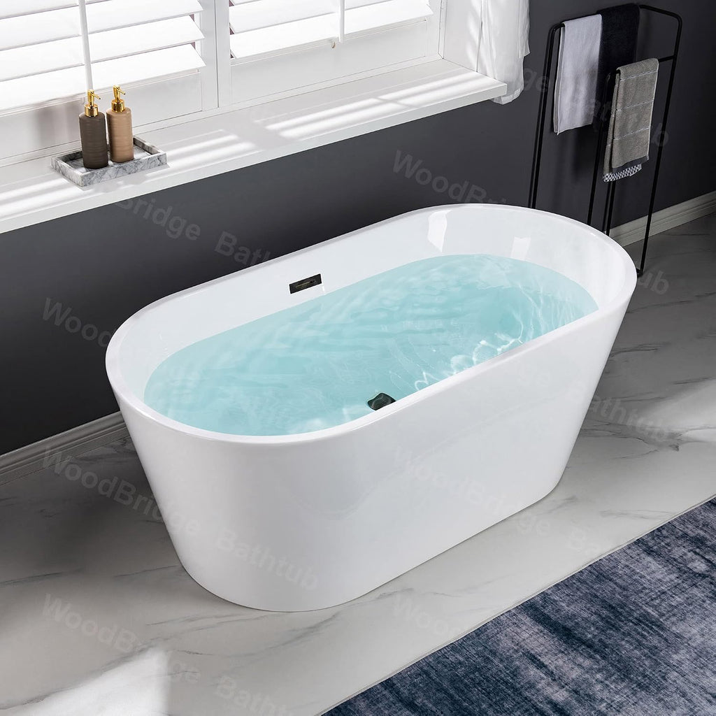 WOODBRIDGE 54'Freestanding White Acylic Soaking Bathtub with Matte Black Drain and Overflow,BTA1702-MB