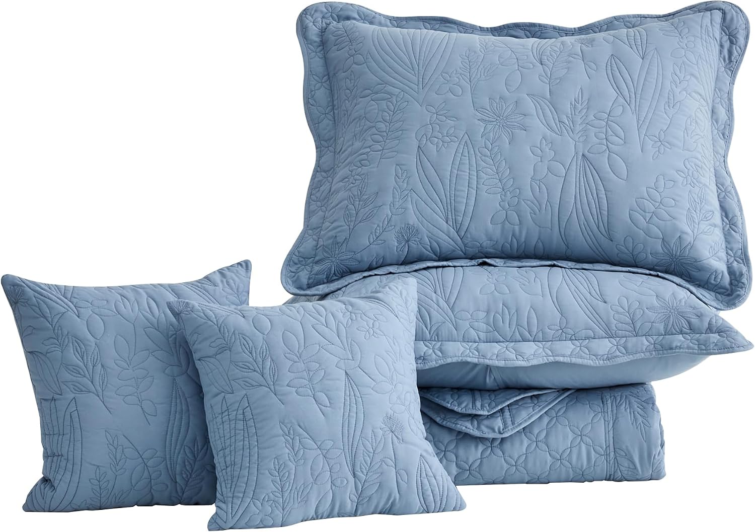 CHIXIN Botanical Oversized Bedspread King Size - Leaves Pattern Stitching Quilt Set - Elegant & Fresh Style Bedding Coverlets, Reversible, Lightweight, 5 Piece, Smokey Blue