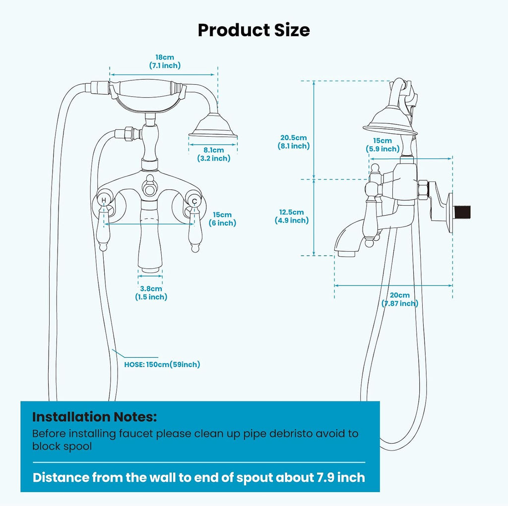 gotonovo Brushed Nickel Clawfoot Tub Faucet Wall Mount with Hand Held Shower Sprayer Bathtub Faucet Set Double Level Handle 6 Inch Center with Adapter Adjustable Swing Arms