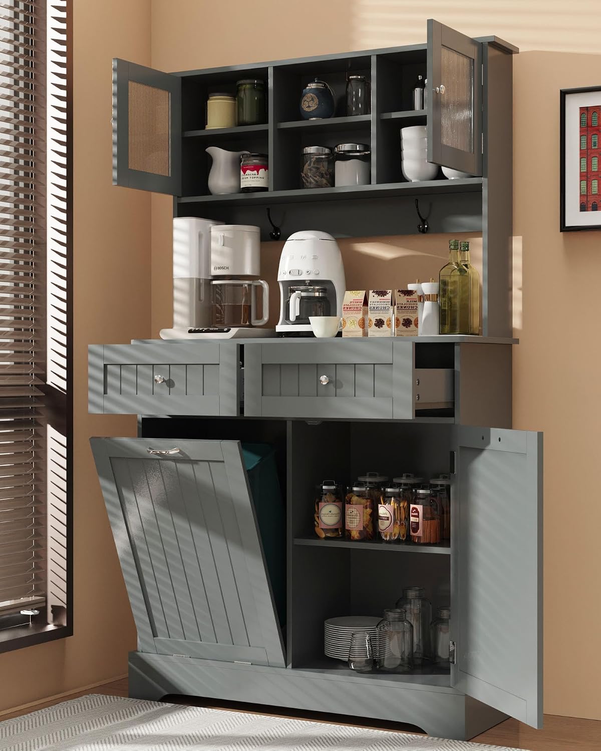 Tilt Out Trash Cabinet,Storage Cabinet,Two Solid Wood Hideaway Trash Holder Drawers,Wooden Freestanding Recycling Cabinets,Trash Can for Kitchen,Gray