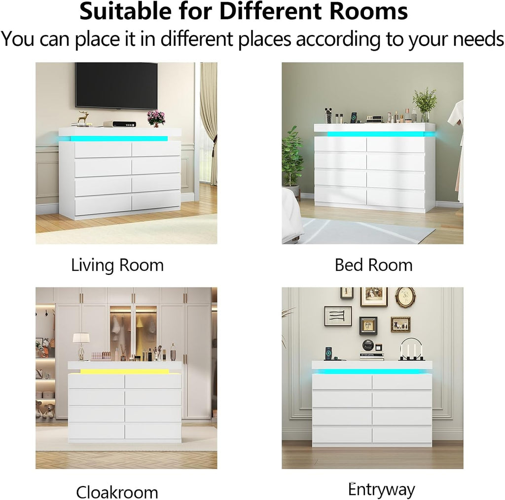 Gyfimoie 8 Drawer Dresser with Power Outlet, Dresser with LED Light, Modern Chest of Drawers for Closet, Double Wide Drawer Organizer Cabinet for Bedroom, Living Room (White, 8 Drawers)