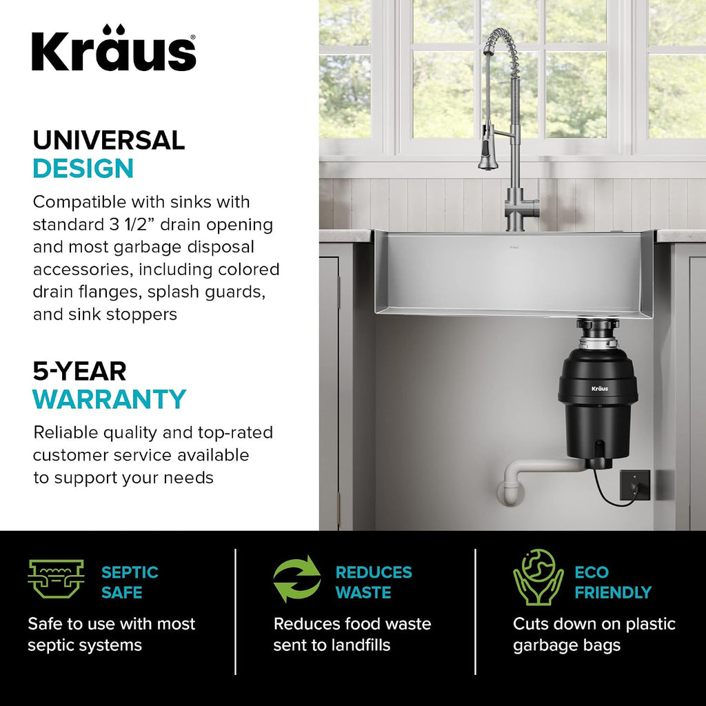 KRAUS WasteGuard 1 HP Ultra-Quiet Garbage Disposal with Quick Connect, Kitchen Sink Drain Cover, Power Cord and Flange Included, KWD100-100MBL