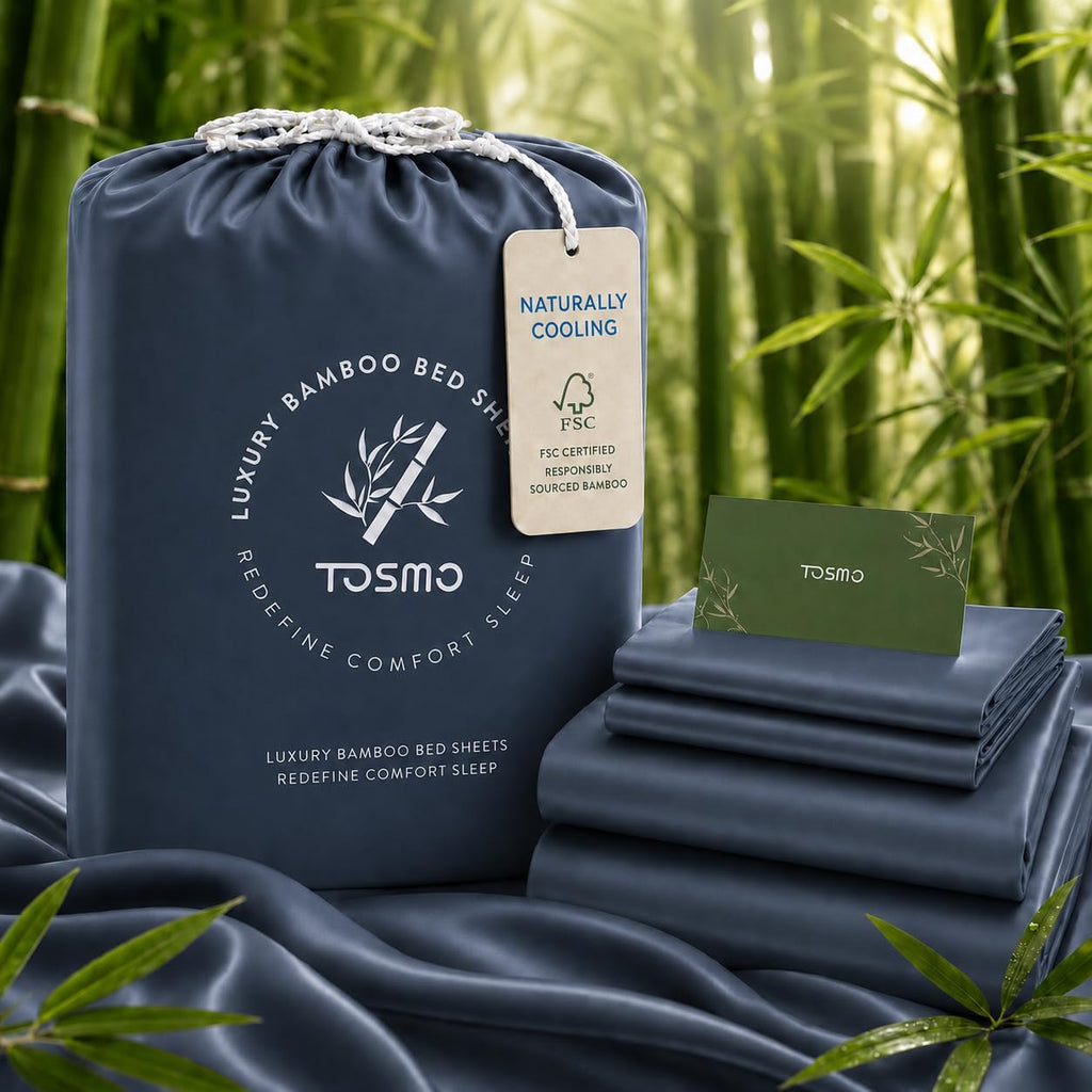 TOSMO Luxury Cooling Sheet Set | 100% Viscose from Organically Grown Bamboo | FSC® Certified | Queen Size | 18' Deep Pockets | Silky Soft Natural Bedding for Hot Sleeper [Slate]