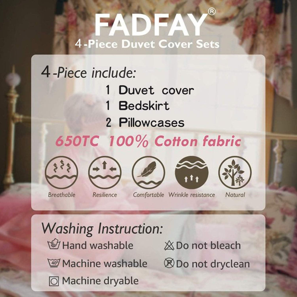 FADFAY Shabby Green Floral Bedding 100% Cotton Princess Lace Ruffle Girls Duvet Cover Set with Bedskirt, 4Pcs, Queen Size