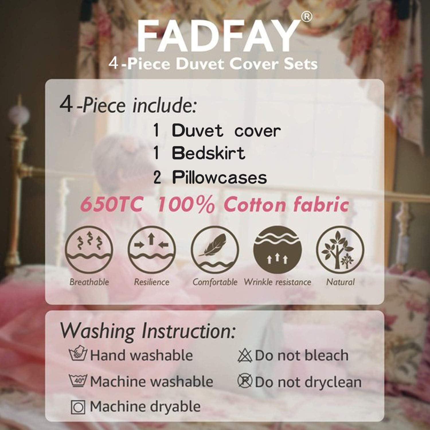 FADFAY Shabby Green Floral Bedding 100% Cotton Princess Lace Ruffle Girls Duvet Cover Set with Bedskirt, 4Pcs, Queen Size