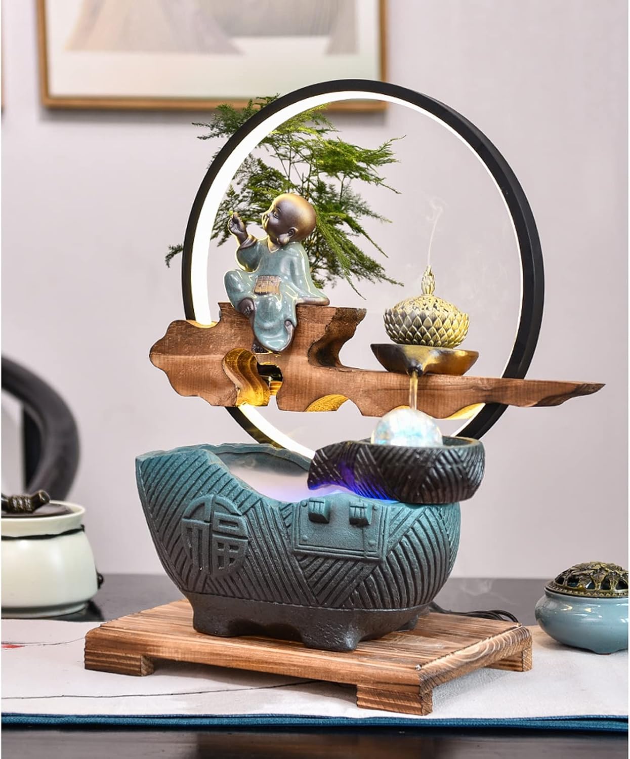 Tabletop Fountain Indoor Fountain Tabletop Fountain with LED Lights and Rolling Ball Feng Shui Zen Waterfall Fountains Relaxation Water Feature Meditation Desktop Fountain for Home Office Decor Indoor