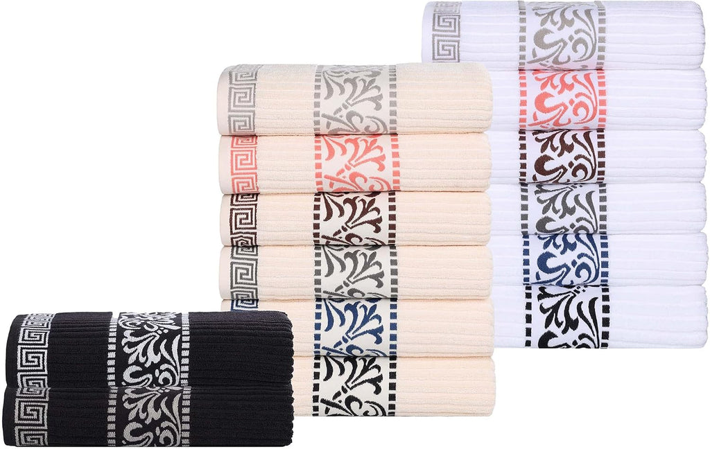 Superior 6-Piece Cotton Towel Set, Decorative Greek Pattern, Home Essentials, Absorbent Towels, Bathroom Decor, Spa, Resort, Includes 2 Hand, 2 Face and 2 Bath Towels, Athens Collection, Black-White