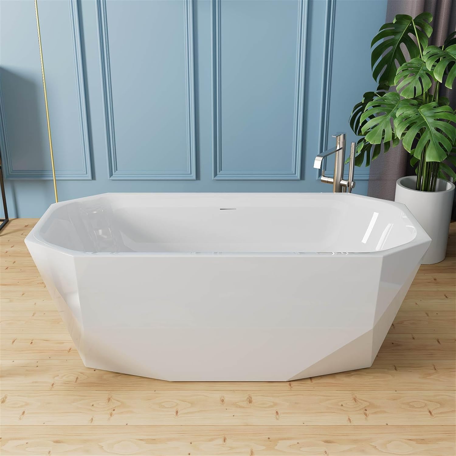 63' Acrylic Freestanding Bathtub, Irregular Diamond Shape Free Standing Tub, Soaking Tub with Integrated Slotted Overflow, Toe-Tap Chrome Drain, cUPC Certified, Glossy White