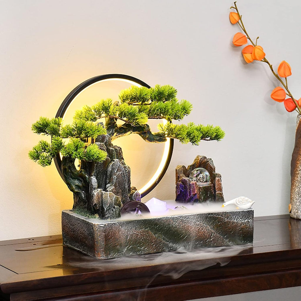 Tabletop Fountain Indoor Resin Tabletop Water Fountain Waterfalls Fountains Artificial Bonsai Tree Decorative Tabletop Fountain with LED Light for Home and Office Indoor Spaces Decor Water Fountain